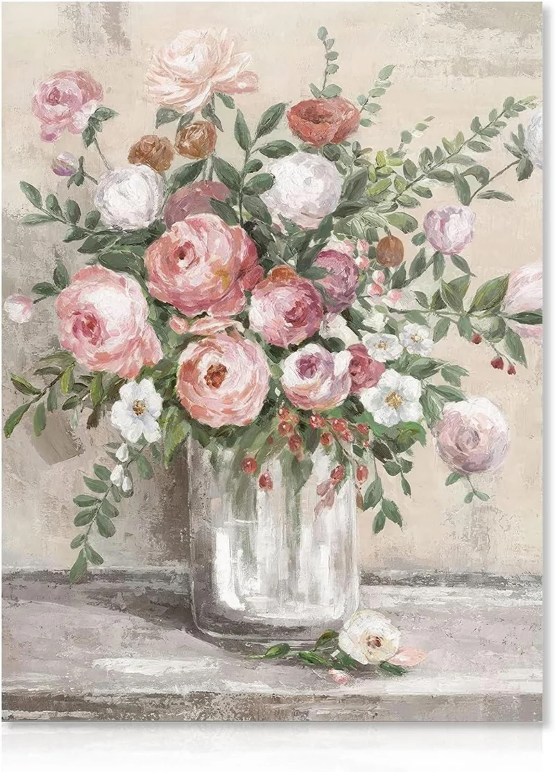 Vintage Blumen Leinwand Poster Rustikale Rosa Weiße Vase