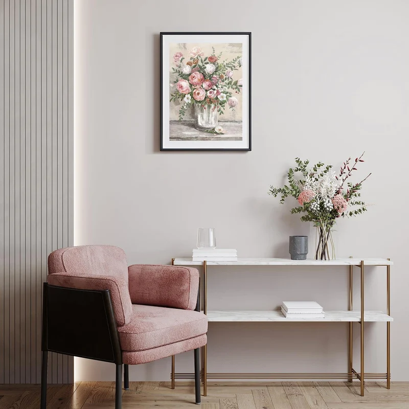 Vintage Blumen Leinwand Poster Rustikale Rosa Weiße Vase