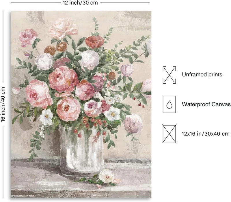 Vintage Blumen Leinwand Poster Rustikale Rosa Weiße Vase