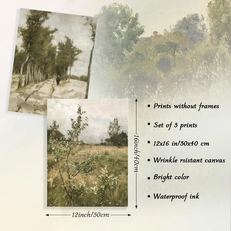 Vintage Rustikale Landschaft Leinwandbilder 30x40 cm 3er-Set