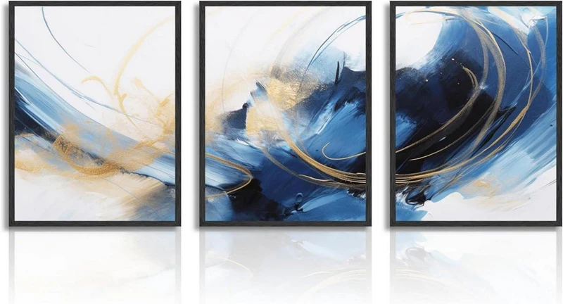 Abstrakte Blau Schwarz Gold Leinwandbilder 30x40 cm 3er Set