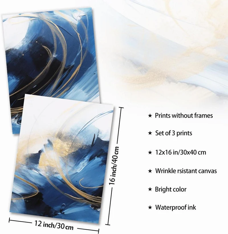 Abstrakte Blau Schwarz Gold Leinwandbilder 30x40 cm 3er Set