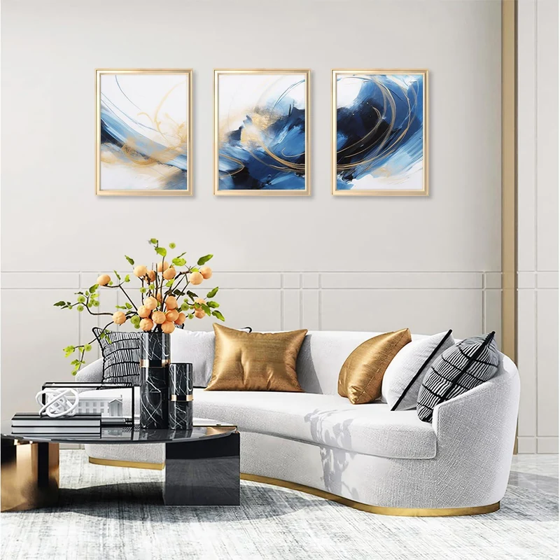 Abstrakte Blau Schwarz Gold Leinwandbilder 30x40 cm 3er Set