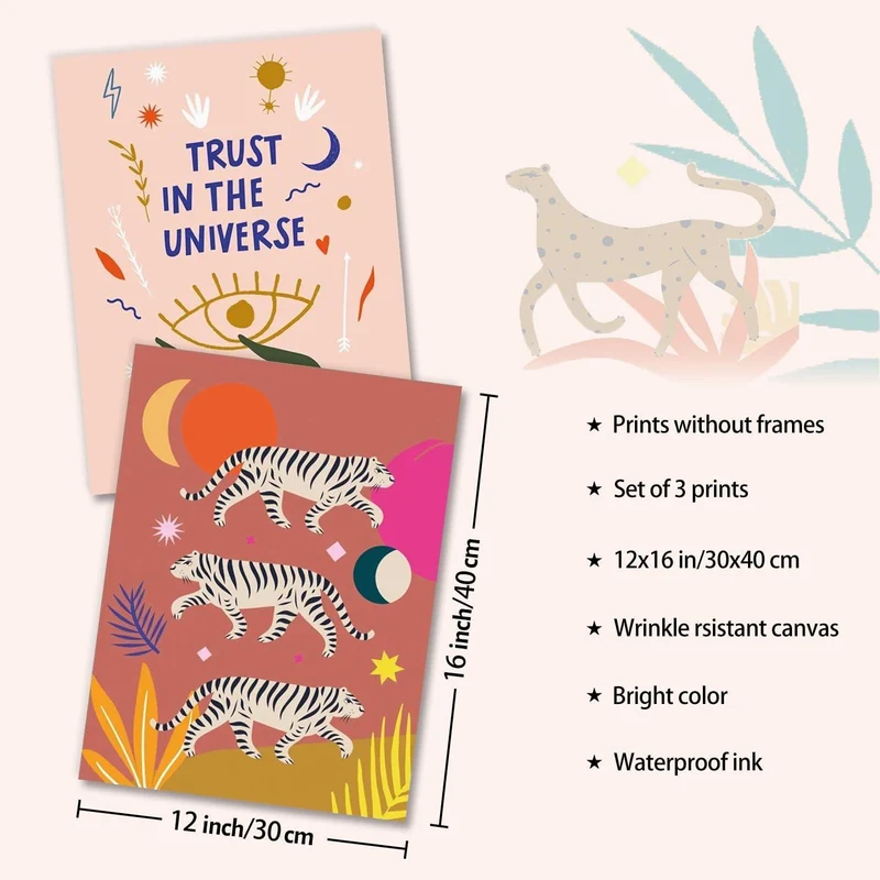 Boho Tiger Leopard Kunstdrucke Poster 30x40 cm 3er Set
