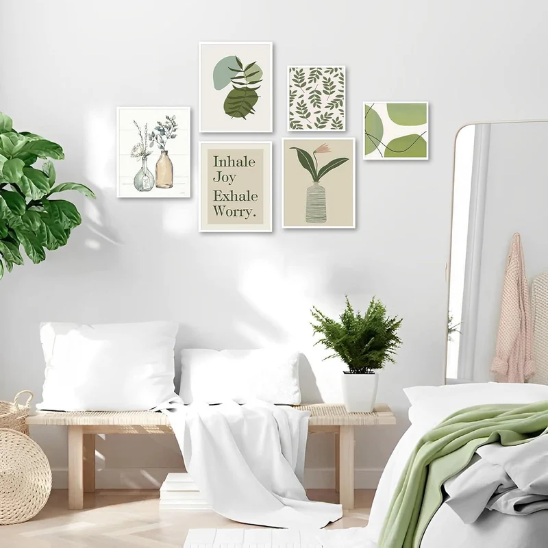 Abstrakte Botanische Wandbilder Grün Blumen Leinwand 6er Set