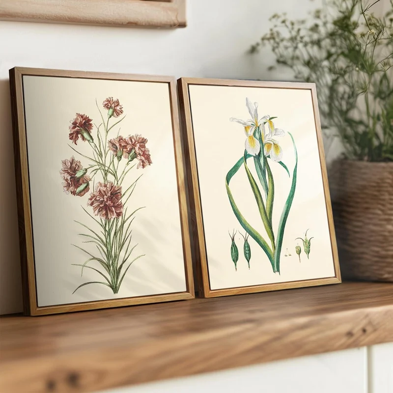 Vintage Botanische Leinwand Bilder mit Holzrahmen 20x25 cm