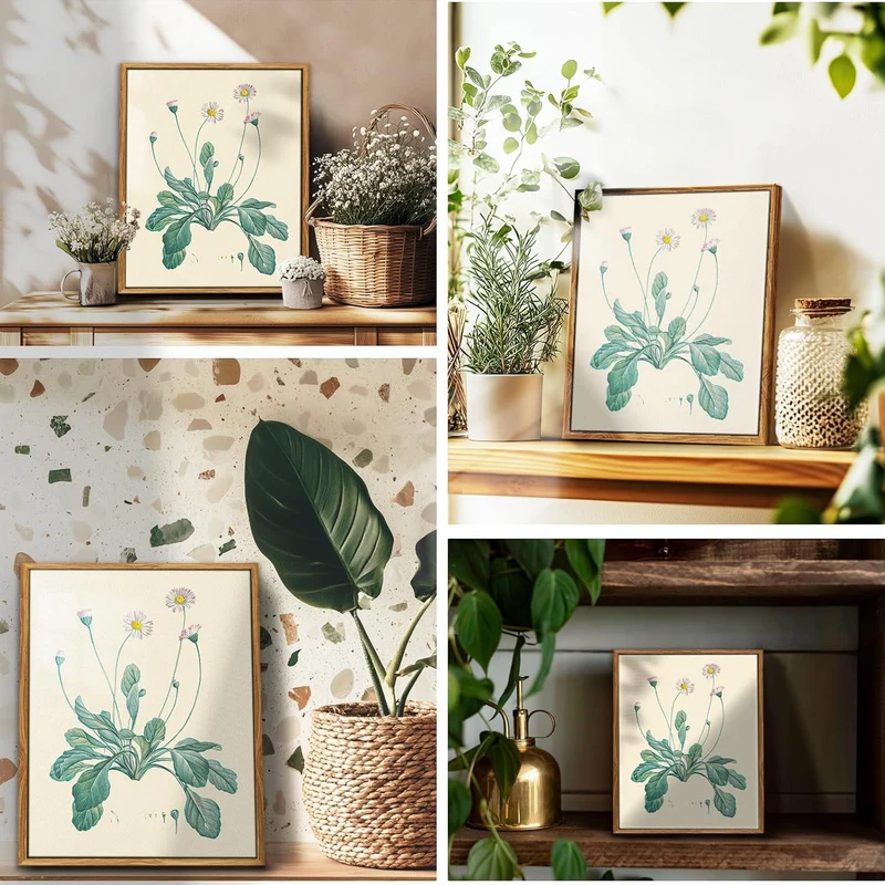 Vintage Botanisches Leinwandbild Holzrahmen 20x25cm