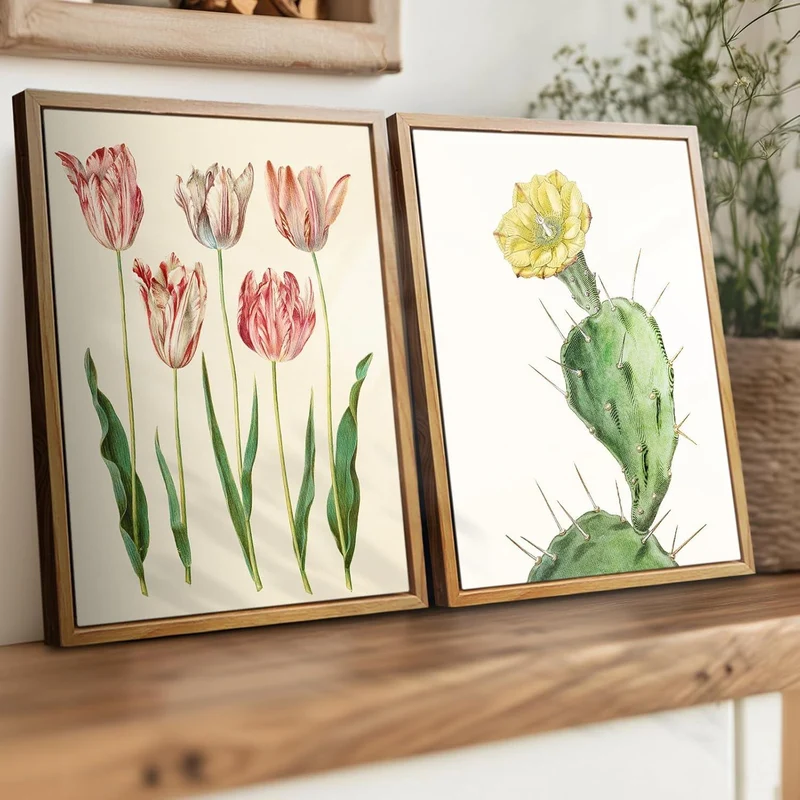 Vintage Botanische Leinwandbilder mit Holzrahmen, 30x40 cm