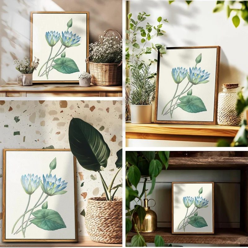 Vintage Botanische Leinwandbilder Blauer Lotus 30x40cm mit